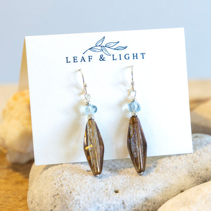 LUSTER BROWN BLUE LONG FACETED EARRINGS | SILVER PLATED