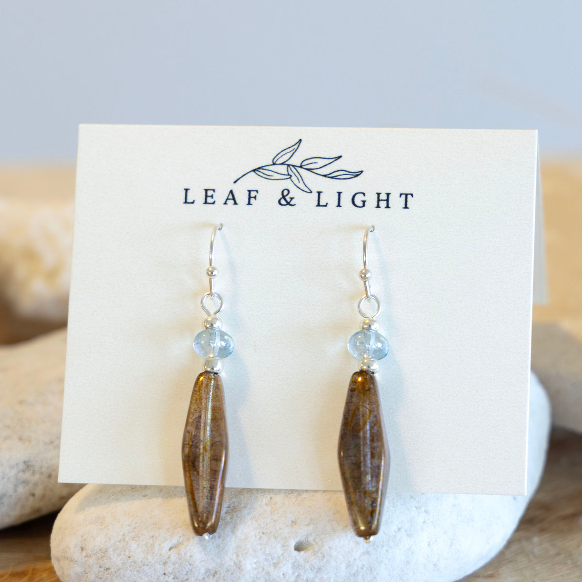 LUSTER BROWN BLUE LONG FACETED EARRINGS | SILVER PLATED
