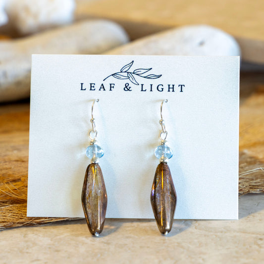 LUSTER BROWN BLUE LONG FACETED EARRINGS | SILVER PLATED