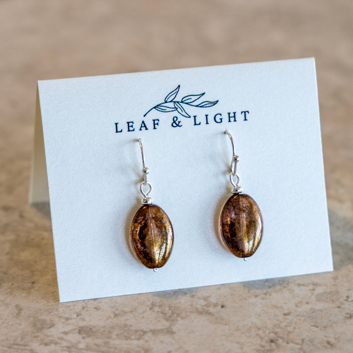 LUMINOUS BROWN CZECH GLASS OVAL EARRINGS | SILVER PLATED