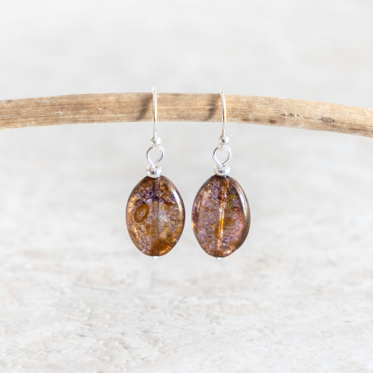 LUMINOUS BROWN CZECH GLASS OVAL EARRINGS | SILVER PLATED