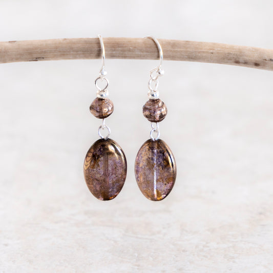 LUMINOUS BROWN OVAL DANGLE EARRINGS | SILVER PLATED