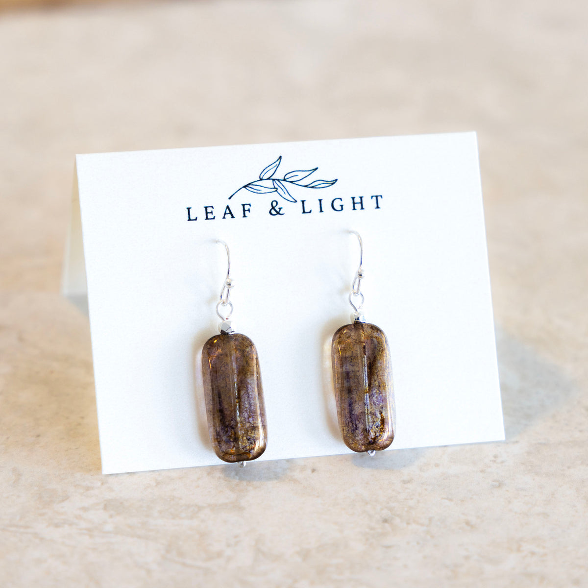 LUMINOUS BROWN EARRINGS GLASS RECTANGLE DROP | SILVER PLATED