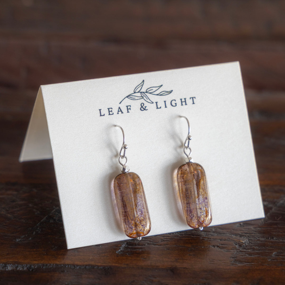 LUMINOUS BROWN EARRINGS GLASS RECTANGLE DROP | SILVER PLATED