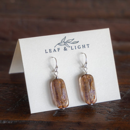 LUMINOUS BROWN EARRINGS GLASS RECTANGLE DROP | SILVER PLATED