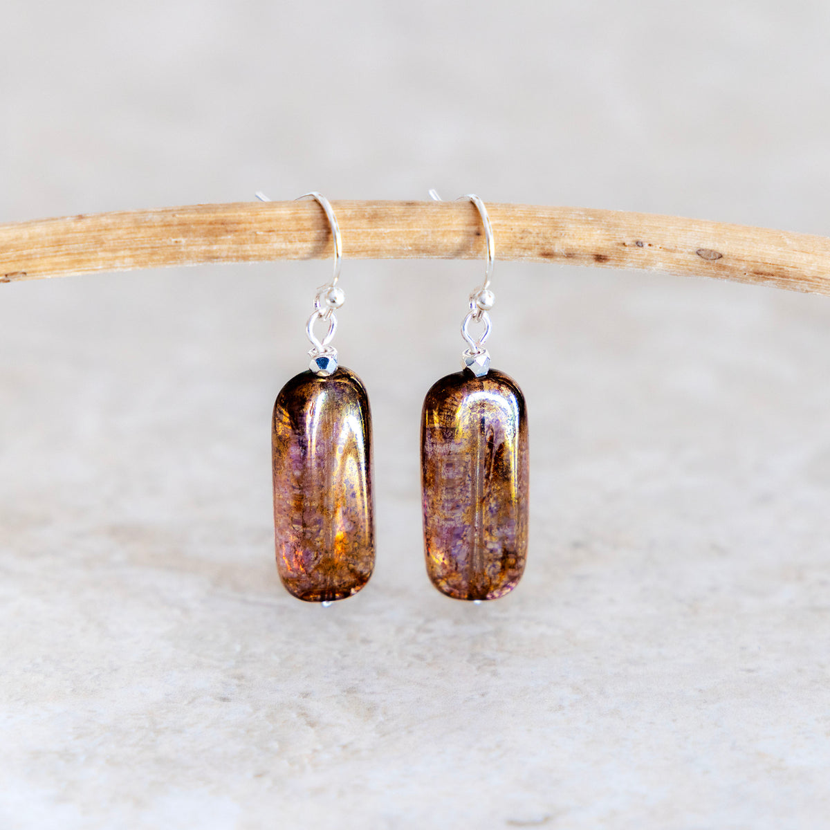 LUMINOUS BROWN EARRINGS GLASS RECTANGLE DROP | SILVER PLATED