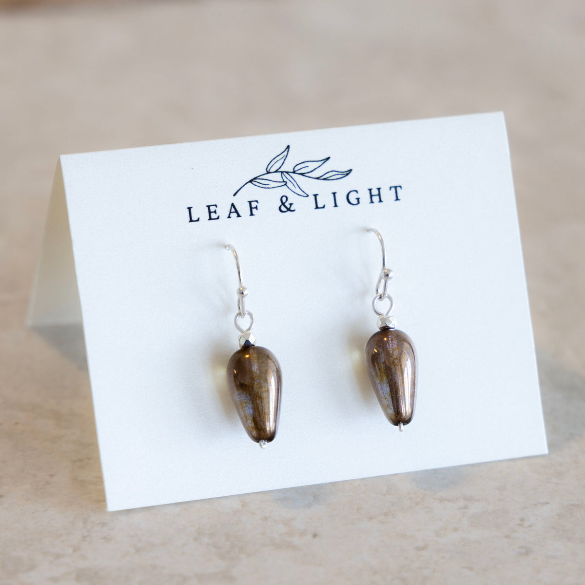 LUMINOUS BROWN CZECH GLASS TEARDROP EARRINGS | SILVER PLATED