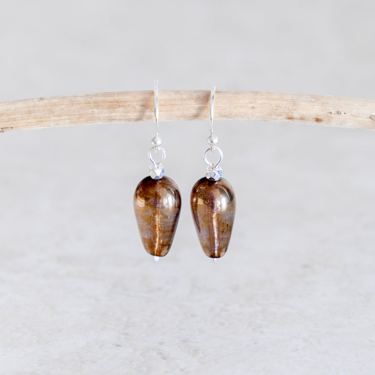 LUMINOUS BROWN CZECH GLASS TEARDROP EARRINGS | SILVER PLATED