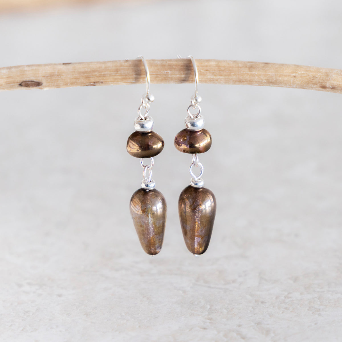 LUMINOUS BROWN TEARDROP DANGLE EARRINGS | SILVER PLATED