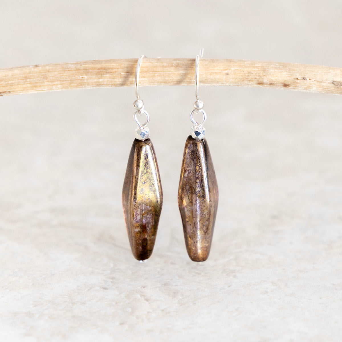 LUMINOUS BROWN SLENDER FACETED DROP EARRINGS | SILVER PLATED