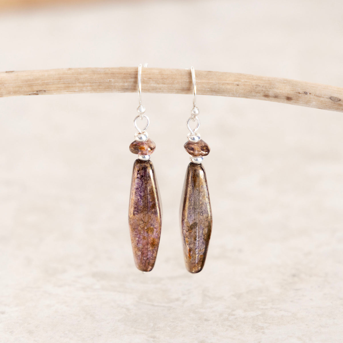 LUMINOUS BROWN SLENDER LONG FACETED EARRINGS | SILVER PLATED