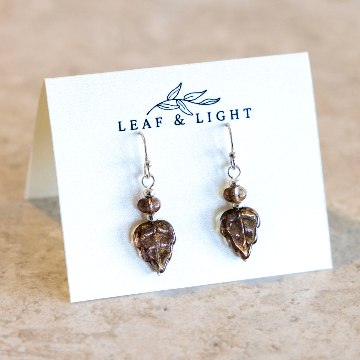 LUMINOUS BROWN LEAF EARRINGS | SILVER PLATED