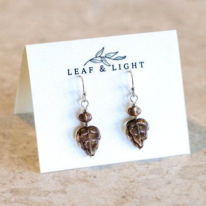 LUMINOUS BROWN LEAF EARRINGS | SILVER PLATED