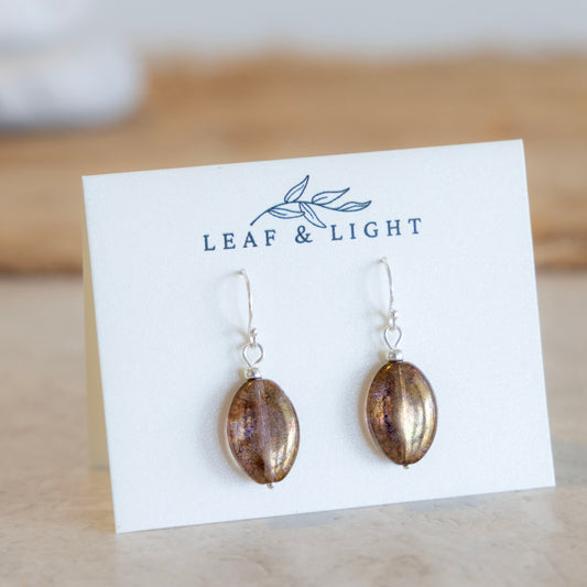 Sunset Luster Brown Czech glass oval earrings with sterling silver ear wires