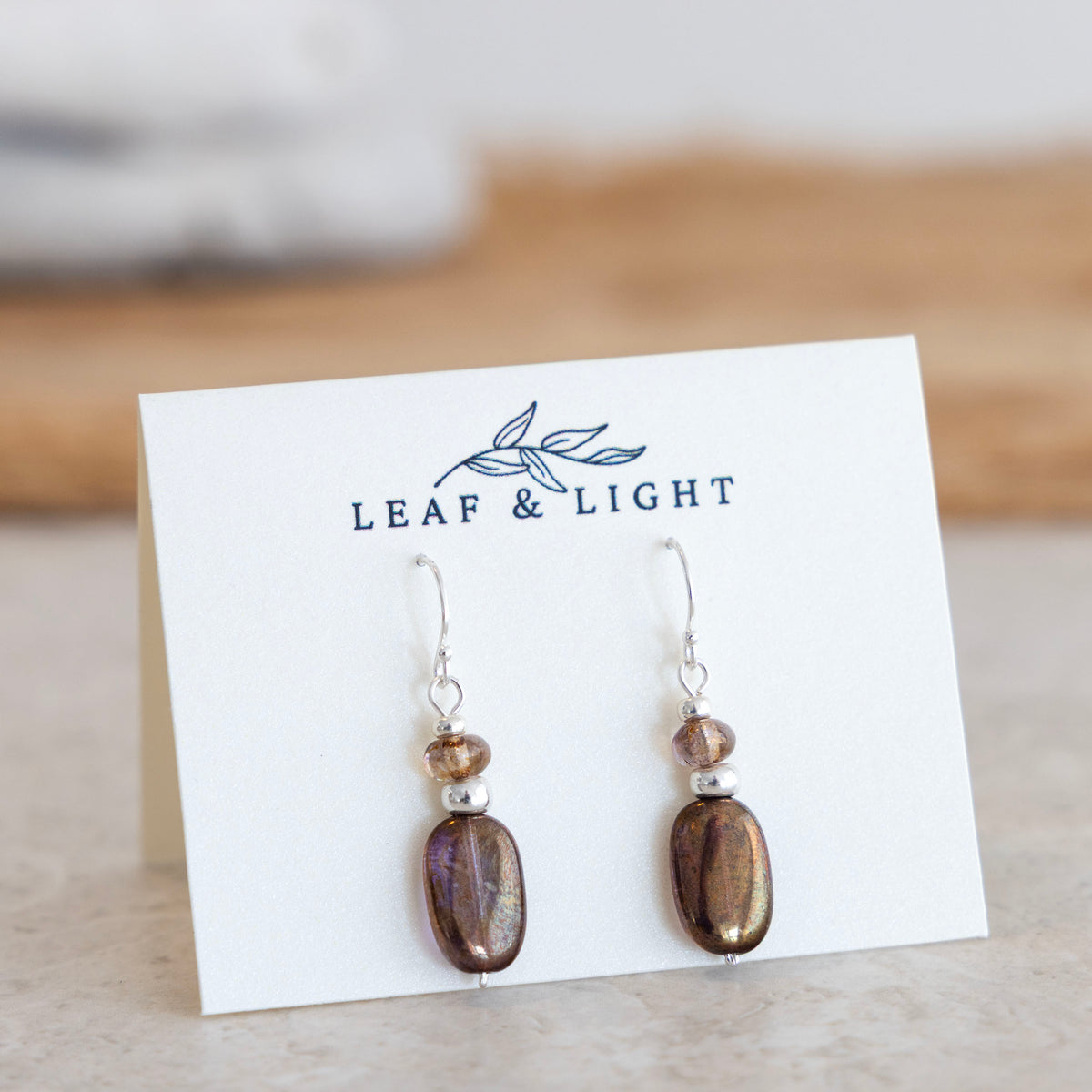 Sunset Luster Brown Czech glass classic rectangle earrings with sterling silver ear wires