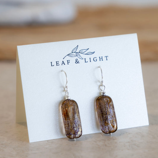 Sunset Luster Brown Czech glass rectangle earrings with sterling silver ear wires