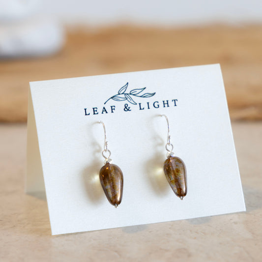Sunset Luster Brown Czech glass teardrop earrings with sterling silver ear wires