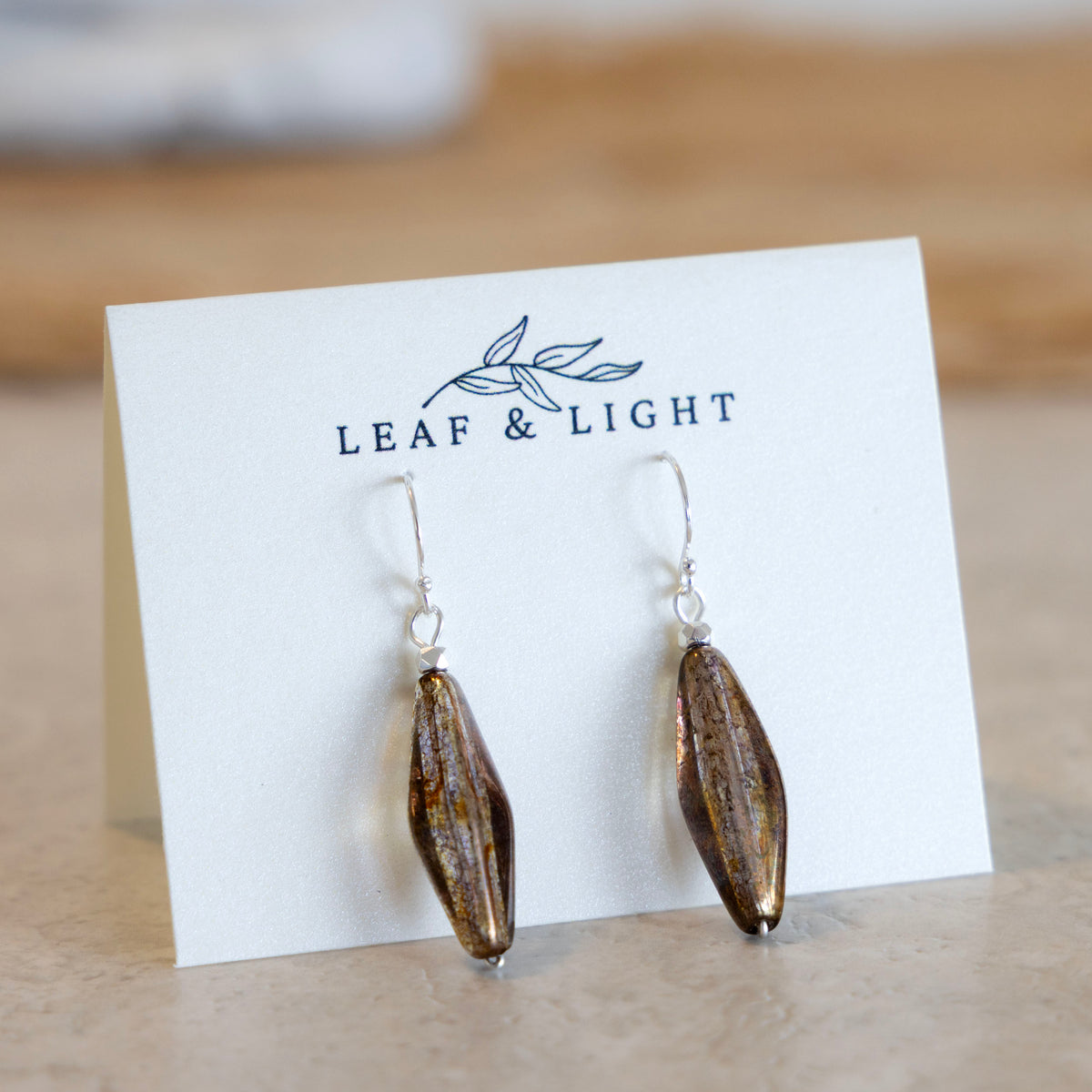 Sunset Luster Brown Czech glass slender faceted earrings with sterling silver ear wires