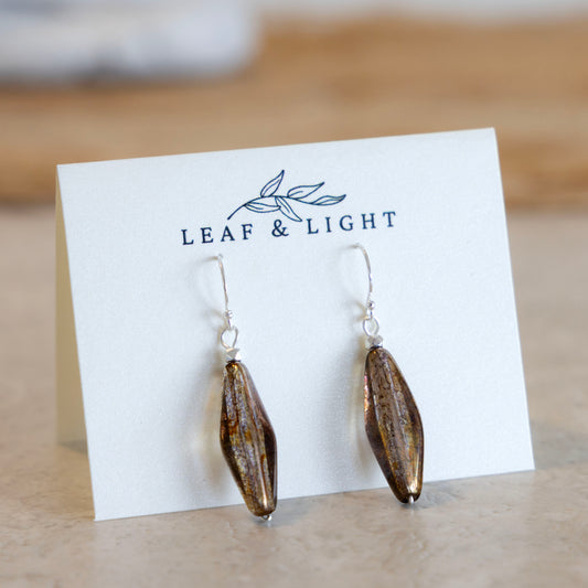 Sunset Luster Brown Czech glass slender faceted earrings with sterling silver ear wires