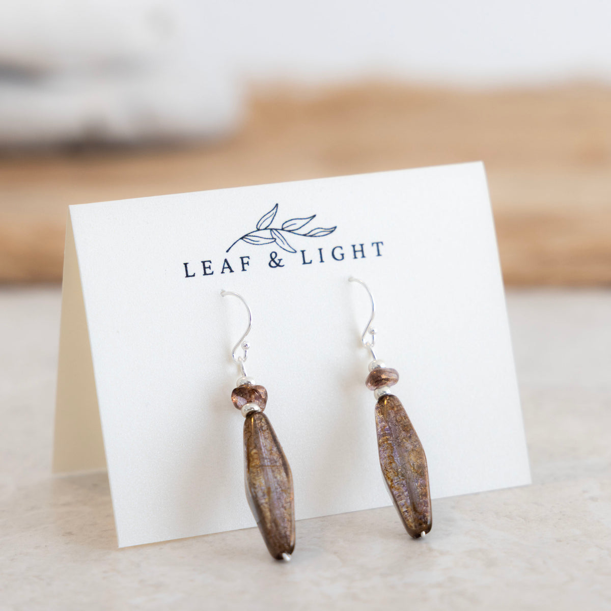 Sunset Luster Brown Czech glass slender long faceted earrings with sterling silver ear wires