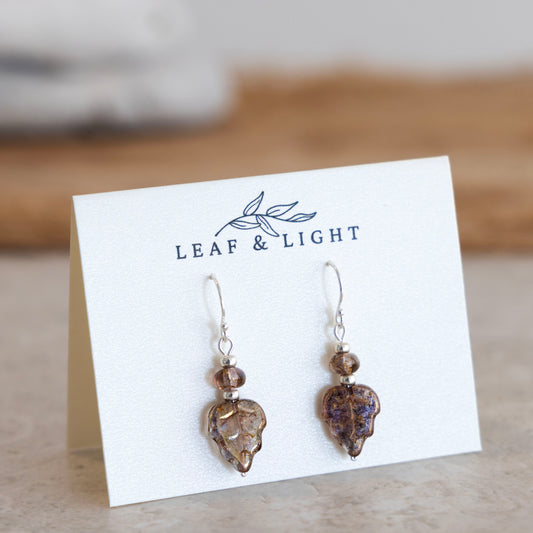 Sunset Luster Brown Czech glass leaf earrings with sterling silver ear wires
