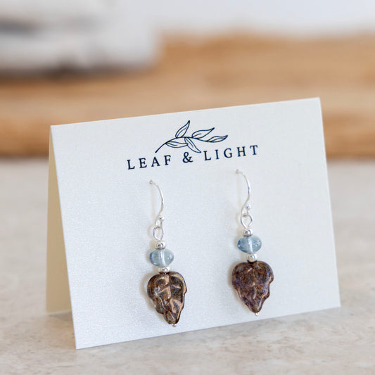 Sunset Luster Brown and blue Czech glass leaf earrings with sterling silver ear wires