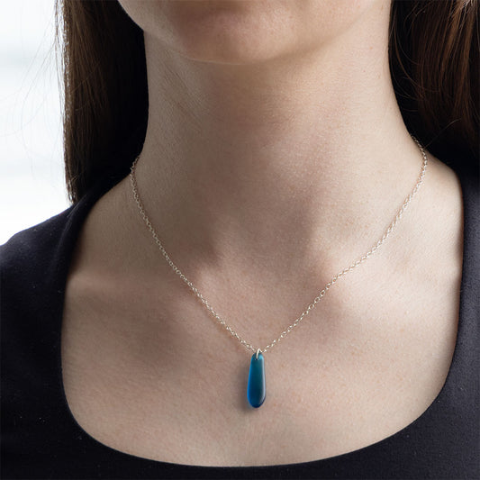 TEAL TEARDROP COASTAL GLASS NECKLACE | SILVER PLATED