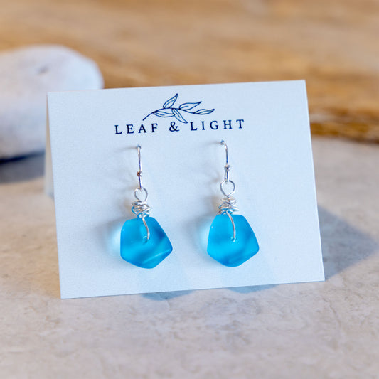 TURQUOISE WIRE WRAPPED COASTAL GLASS EARRINGS | SILVER PLATED