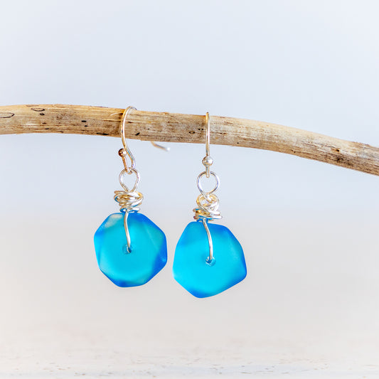 TURQUOISE WIRE WRAPPED COASTAL GLASS EARRINGS | SILVER PLATED