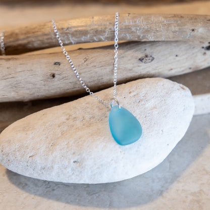 LIGHT TURQUOISE COASTAL GLASS NECKLACE - STERLING SILVER