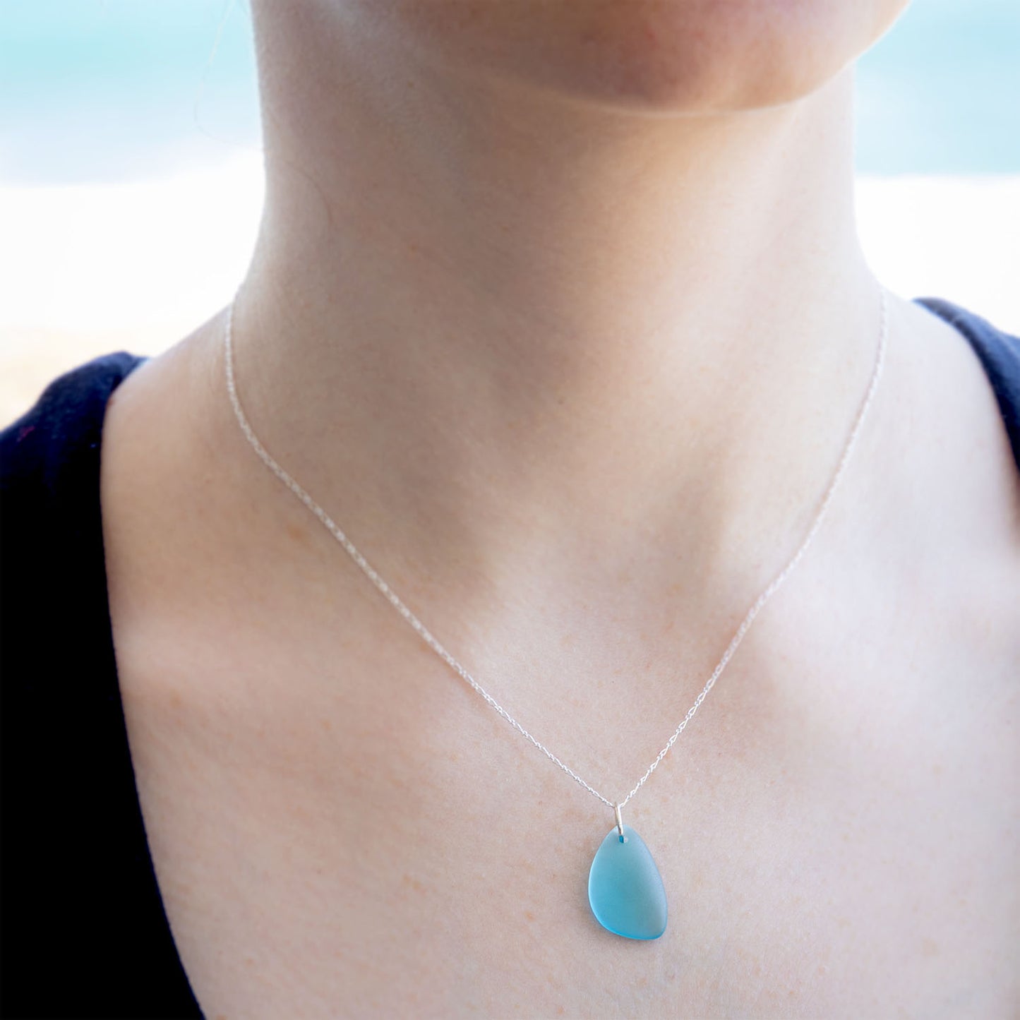 LIGHT TURQUOISE COASTAL GLASS NECKLACE - STERLING SILVER