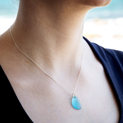 LIGHT TURQUOISE COASTAL GLASS NECKLACE - STERLING SILVER