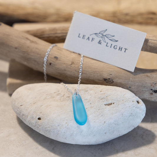 LIGHT TURQUOISE TEARDROP COASTAL GLASS NECKLACE | STERLING SILVER