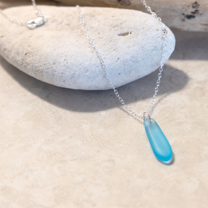 LIGHT TURQUOISE TEARDROP COASTAL GLASS NECKLACE | STERLING SILVER