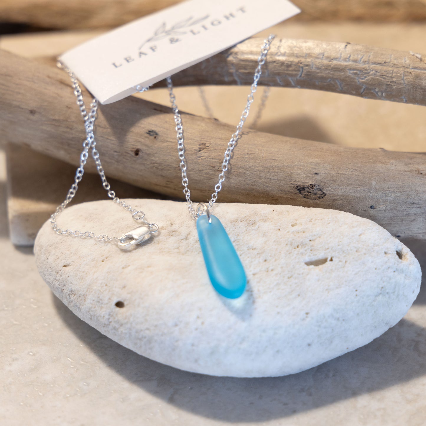 LIGHT TURQUOISE TEARDROP COASTAL GLASS NECKLACE | STERLING SILVER