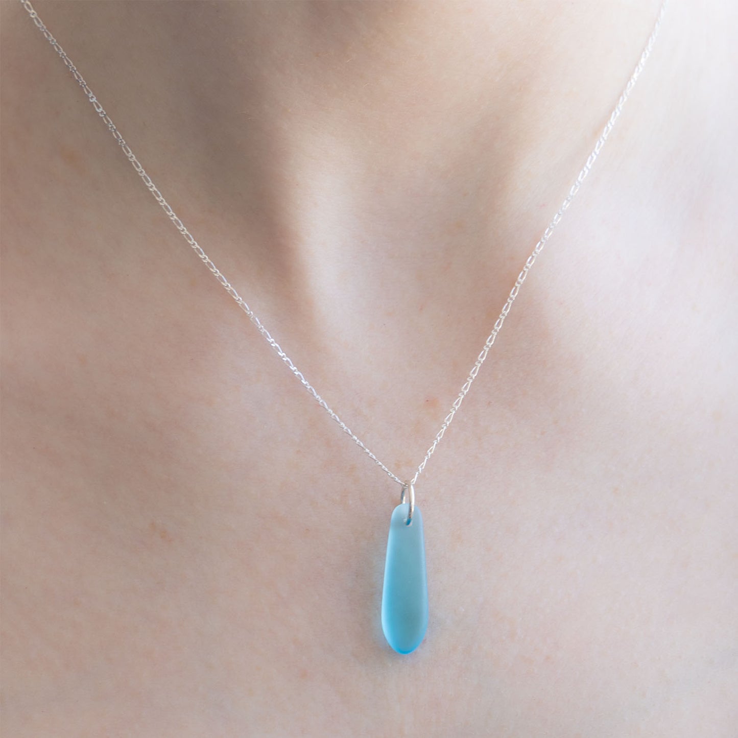 LIGHT TURQUOISE TEARDROP COASTAL GLASS NECKLACE | STERLING SILVER