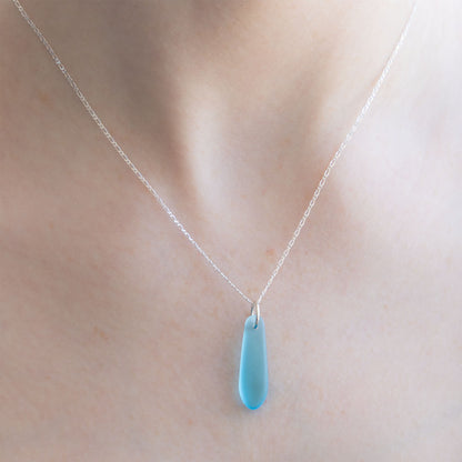 LIGHT TURQUOISE TEARDROP COASTAL GLASS NECKLACE | STERLING SILVER