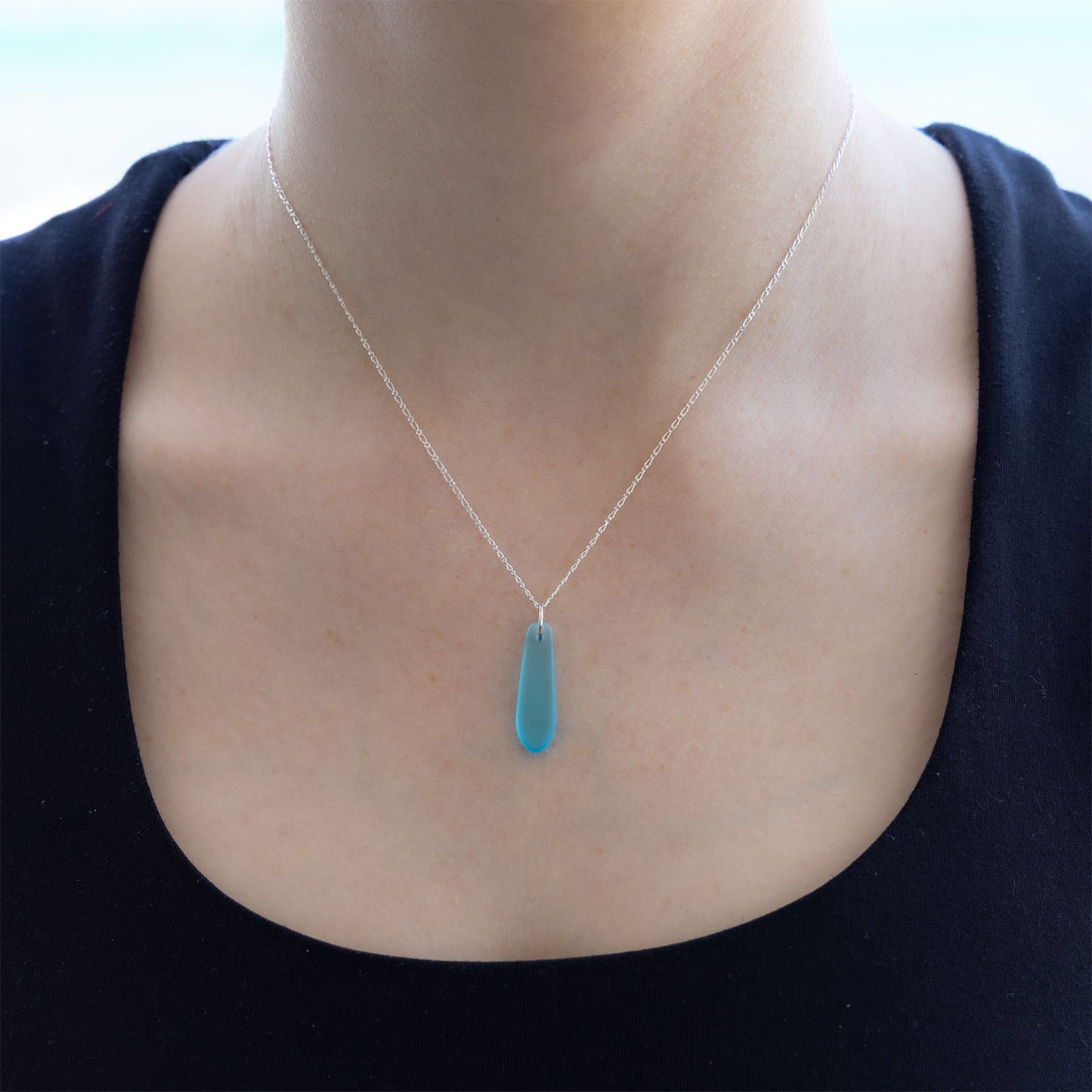 LIGHT TURQUOISE TEARDROP COASTAL GLASS NECKLACE | STERLING SILVER