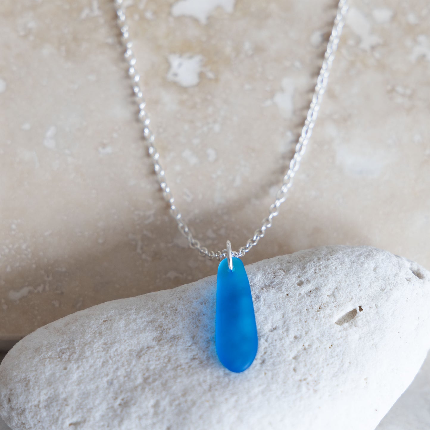 TURQUOISE TEARDROP COASTAL GLASS NECKLACE | SILVER PLATED