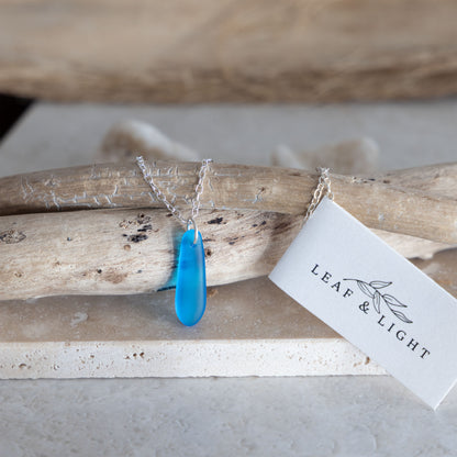 TURQUOISE TEARDROP COASTAL GLASS NECKLACE | SILVER PLATED