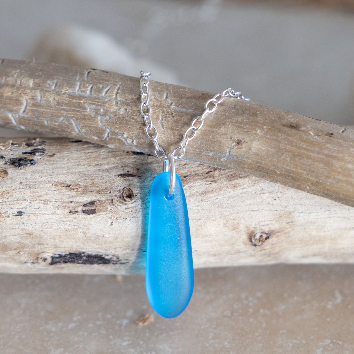 TURQUOISE TEARDROP COASTAL GLASS NECKLACE | SILVER PLATED